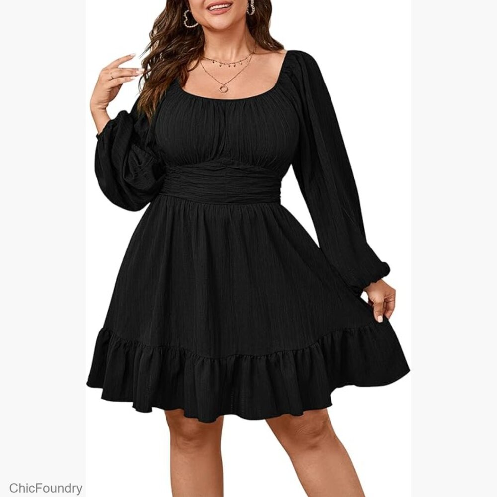Plus Size Mini Dress with Lantern Sleeves Ruched Waist Square Neck A-Line